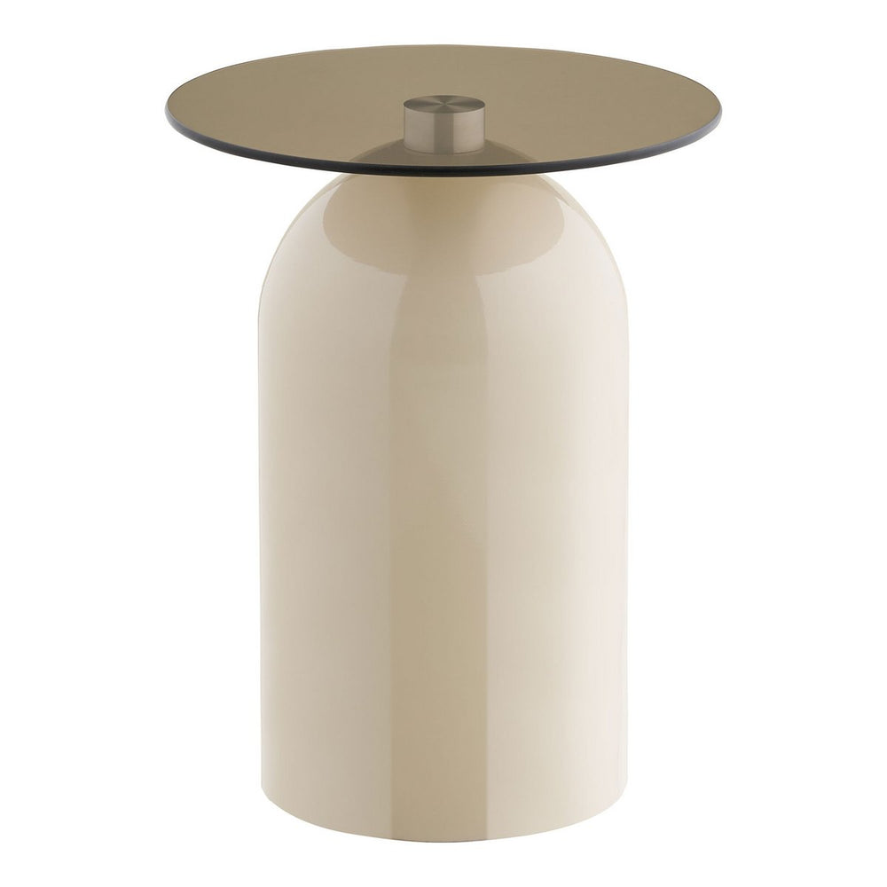 Grey and beige round side table with tempered glass top and metal frame