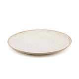 White stoneware dinner plate with burnt-umber rim