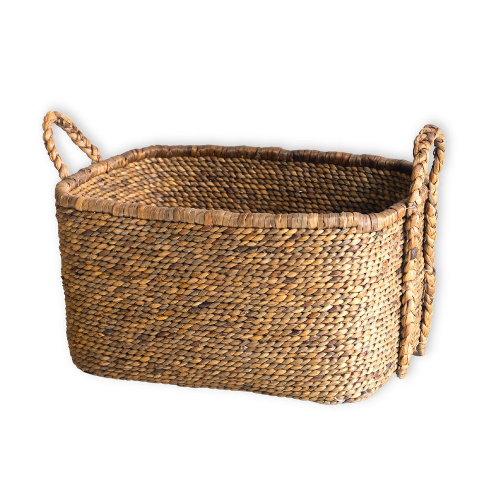 Beige woven water hyacinth laundry basket