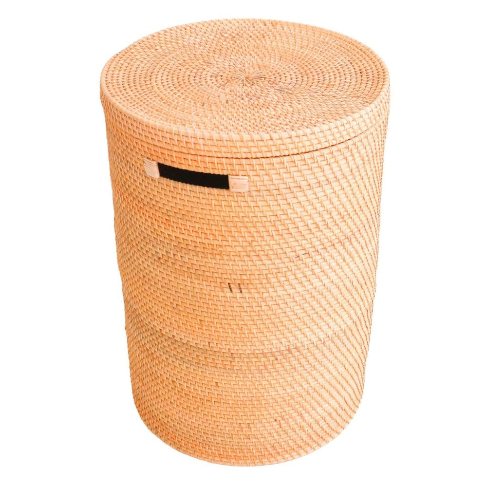 Beige woven rattan laundry basket with lid