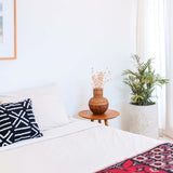 Cozy bedroom with a bed, side table, and plants.