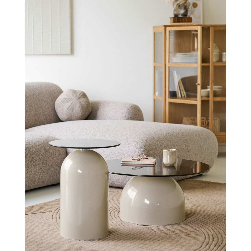 Grey and beige round side table with tempered glass top and metal frame