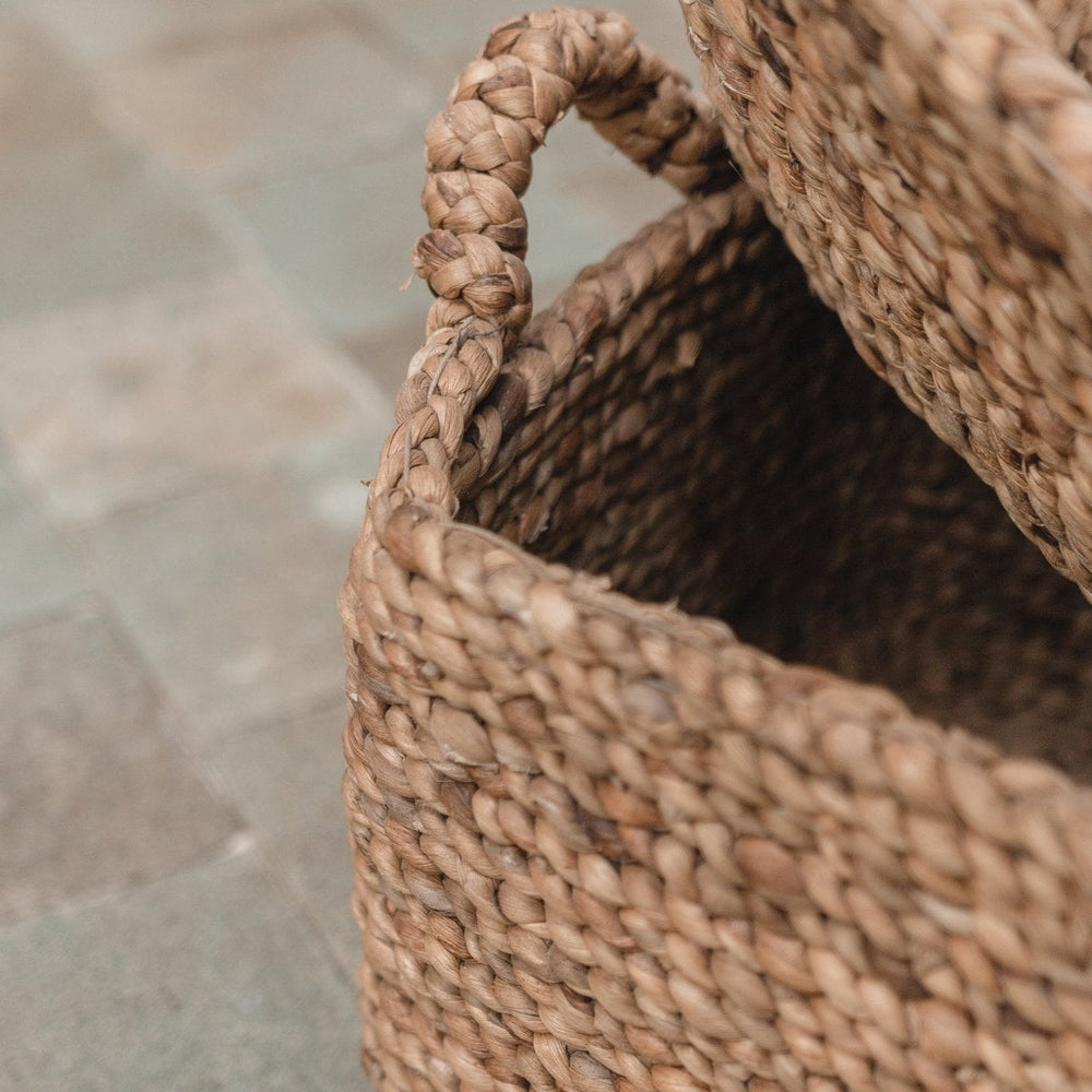Close-up of a woven basket with a textured surface