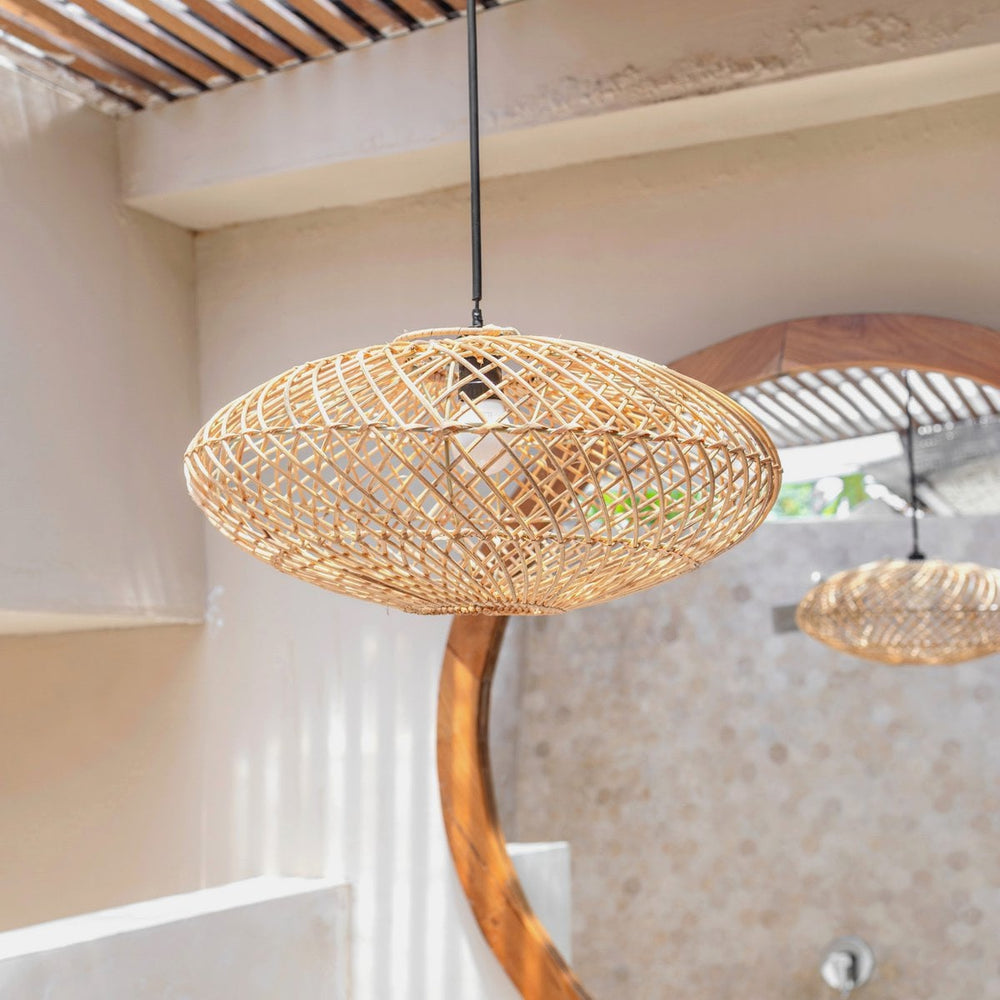 Beige woven rattan disc pendant lampshade