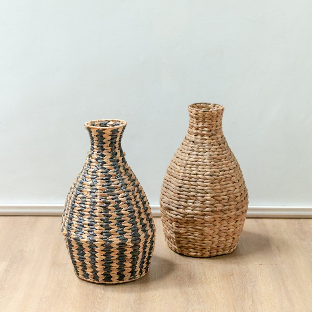 Black and natural woven water hyacinth vase