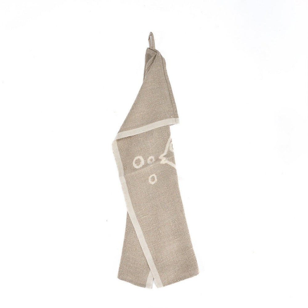 Natural white linen kitchen towel with fish motif