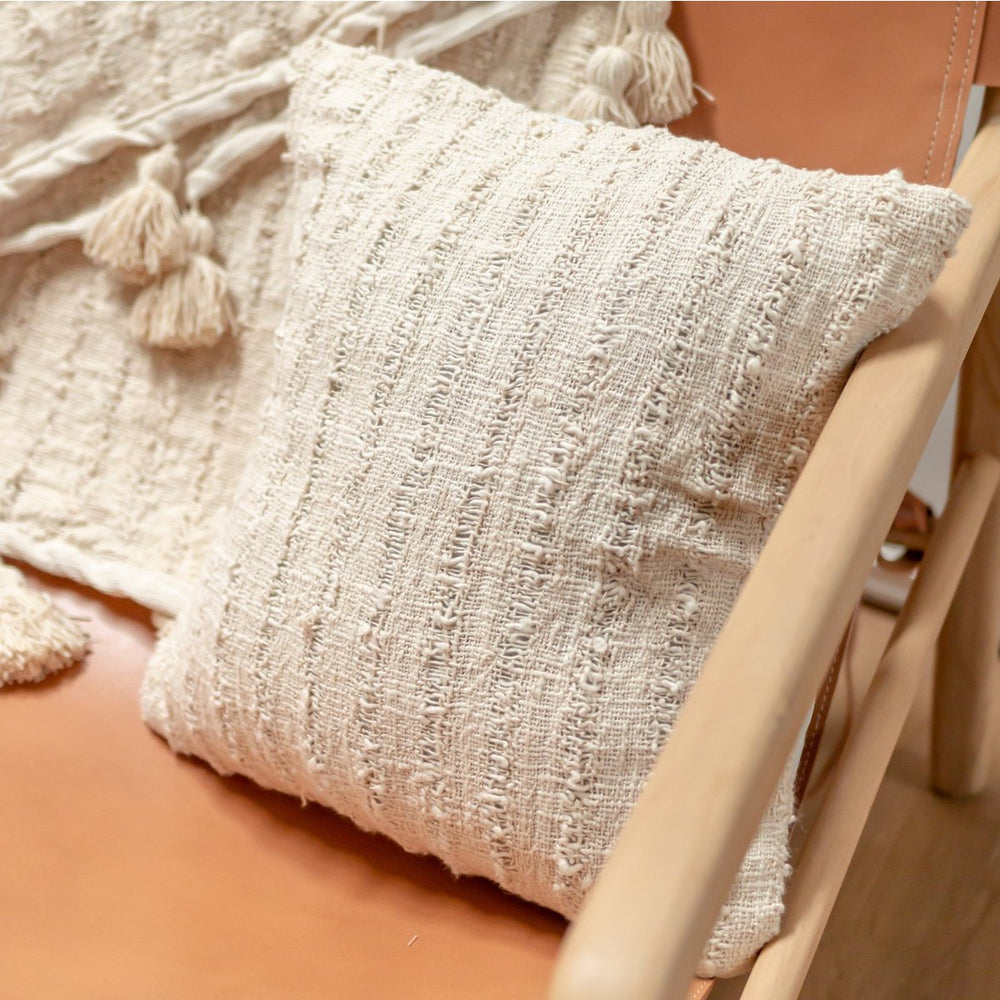 White handwoven cotton cushion cover with striped pattern