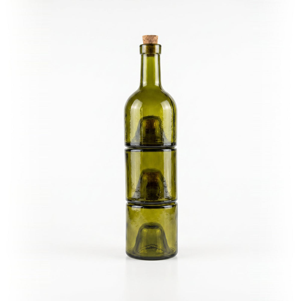 Olive green recycled glass stackable oil bottle set