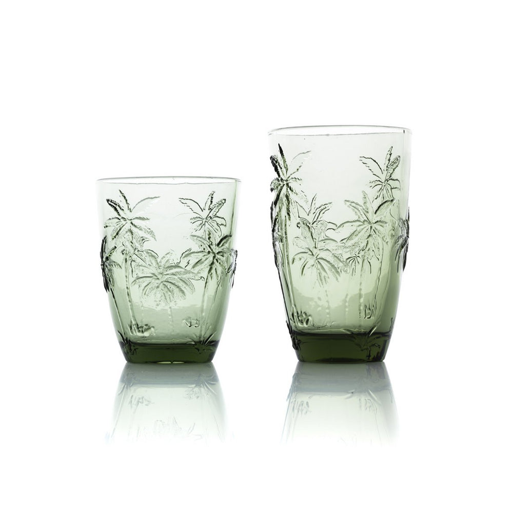 Green frosted glass water glass with embossed palm trees