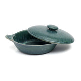 Teal-blue ceramic stew pot with lid