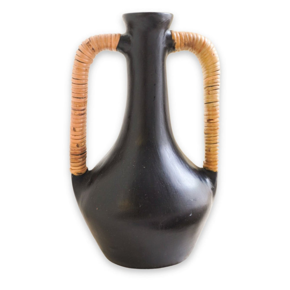 Black clay bottle vase with rattan-wrapped handles