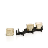 Black brass and glass triple candle holder