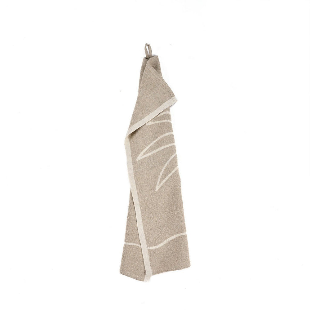 Natural white linen kitchen towel with palm tree print