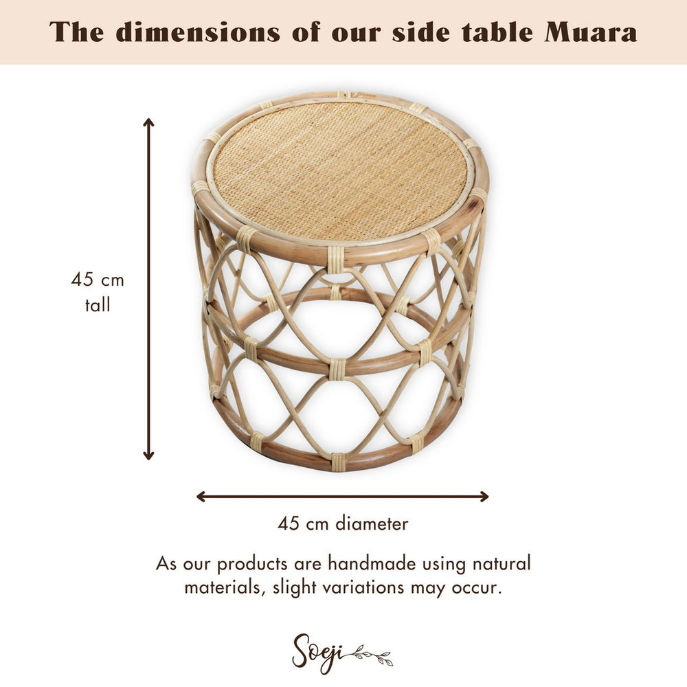 Beige round rattan side table
