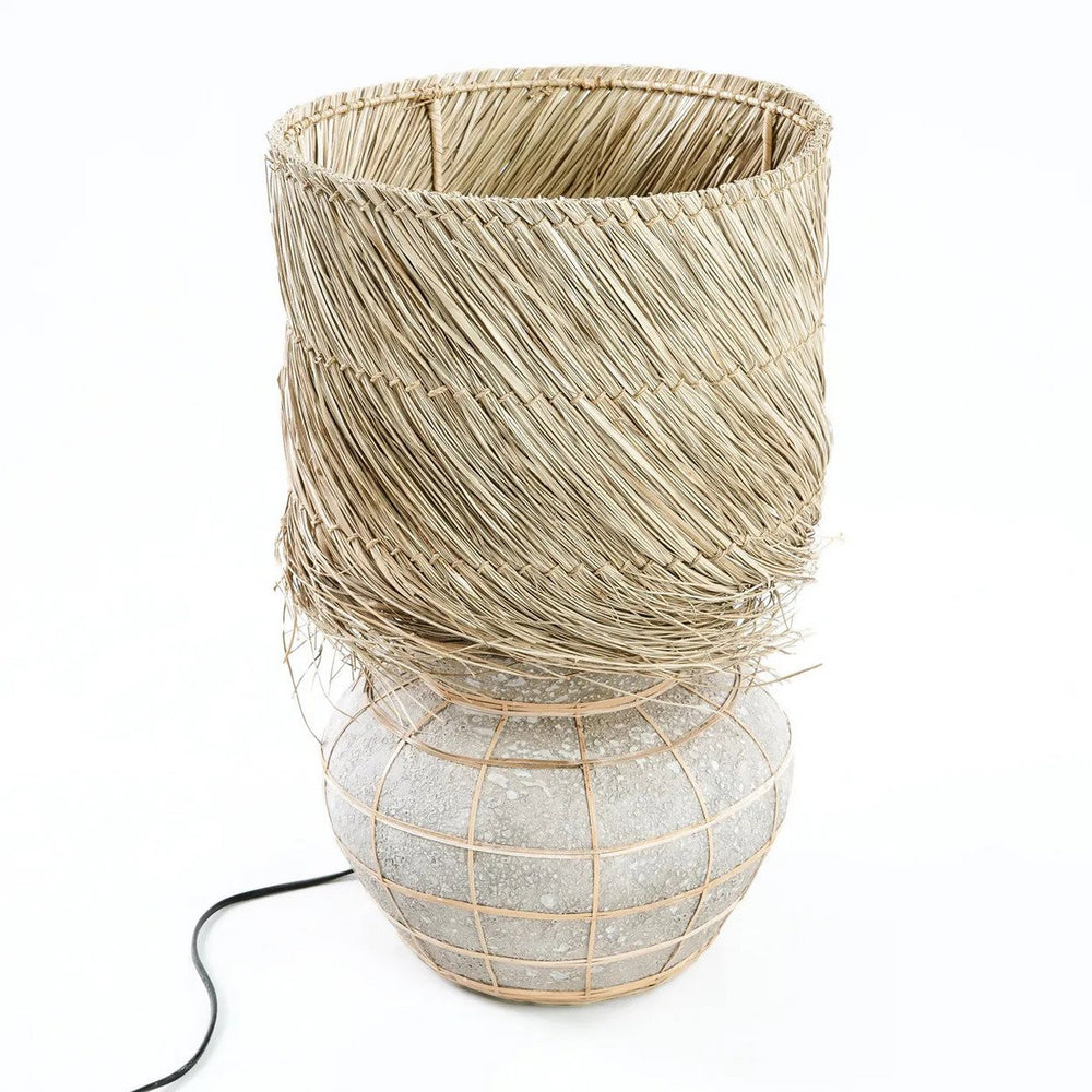 Beige and grey terracotta table lamp with rattan grid and fringed grass shade
