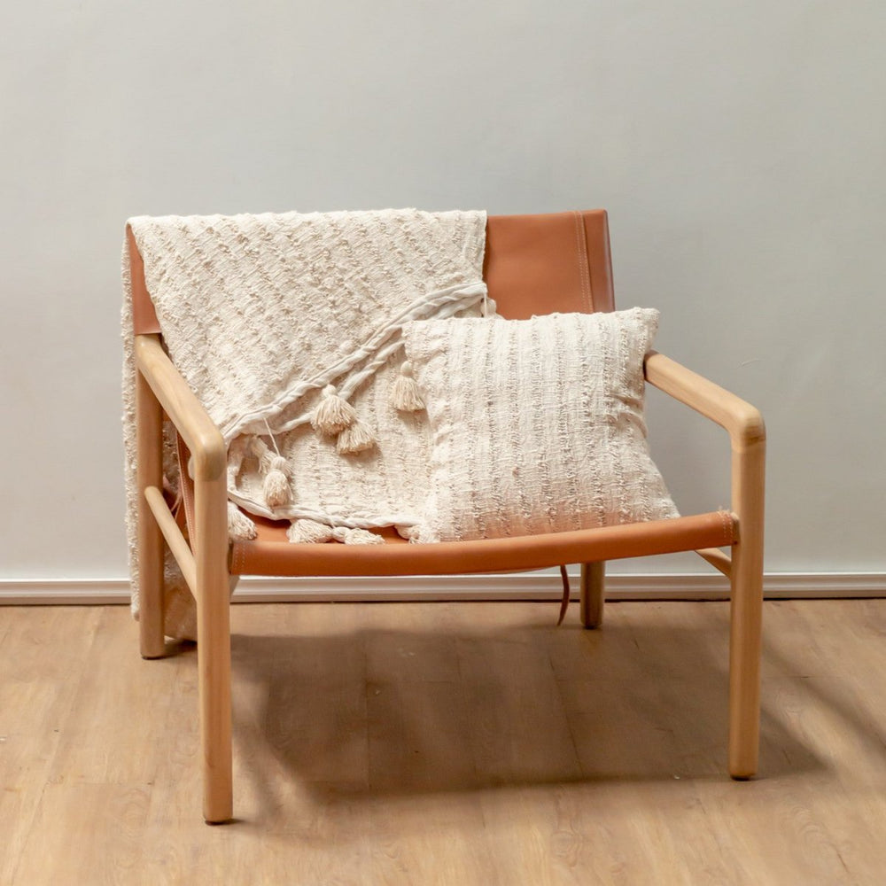 White handwoven cotton cushion cover with striped pattern