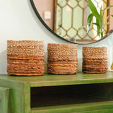 Two-tone brown and beige woven seagrass and banana fibre basket