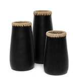 Black terracotta vase with natural raffia trim