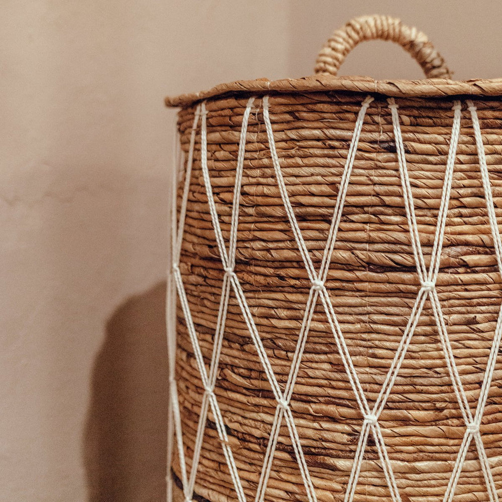 Brown banana fibre laundry basket with lid