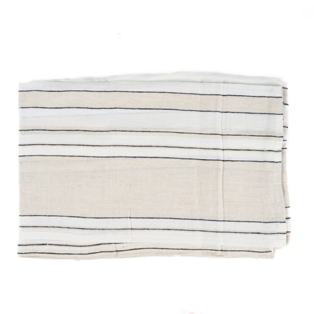Natural black and white striped linen tablecloth