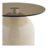 Grey and beige round side table with tempered glass top and metal frame