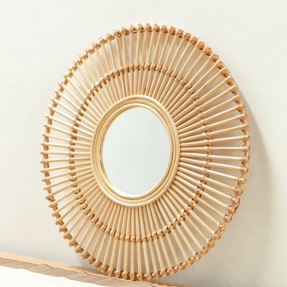 Beige rattan round wall mirror