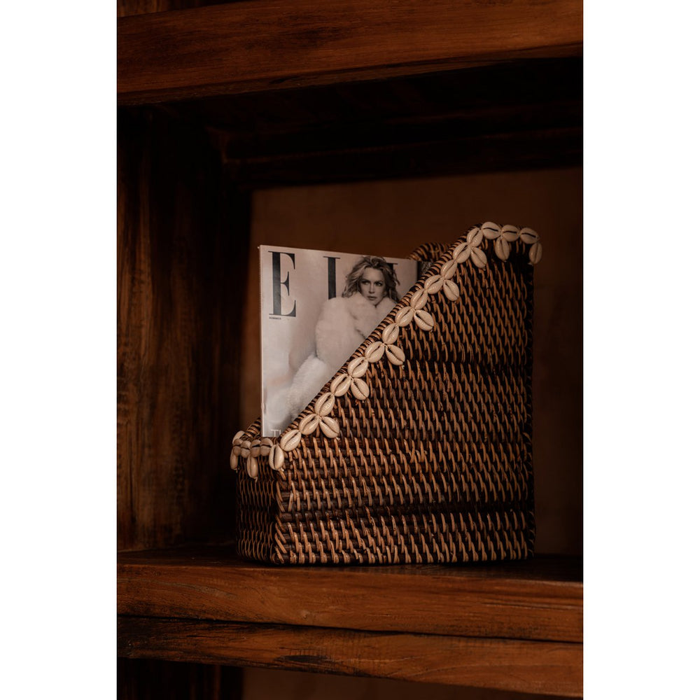 Natural brown rattan organizer with shell edge accents