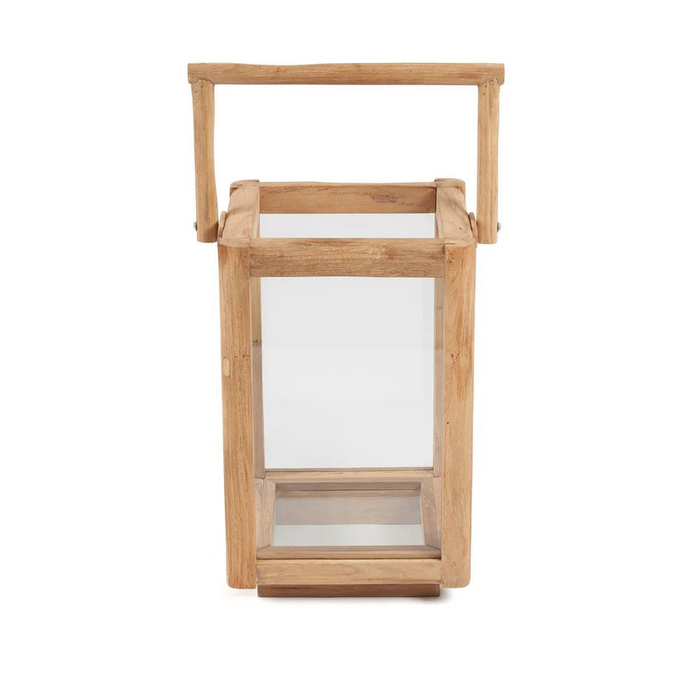 Teak wood rectangular lantern with carrying handle