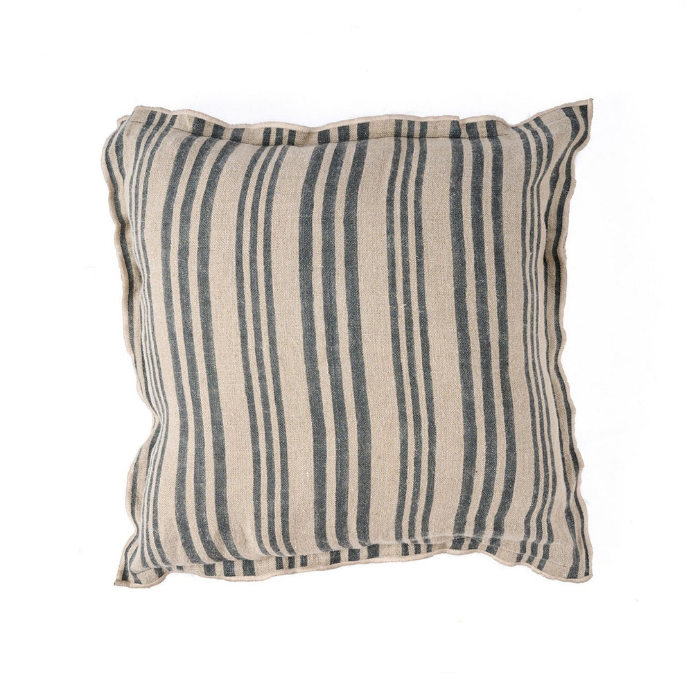 Natural black striped linen and velvet cushion cover