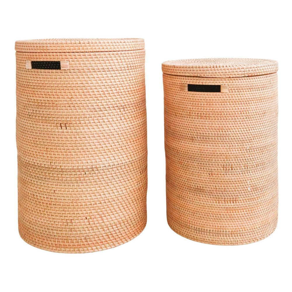 Beige woven rattan laundry basket with lid