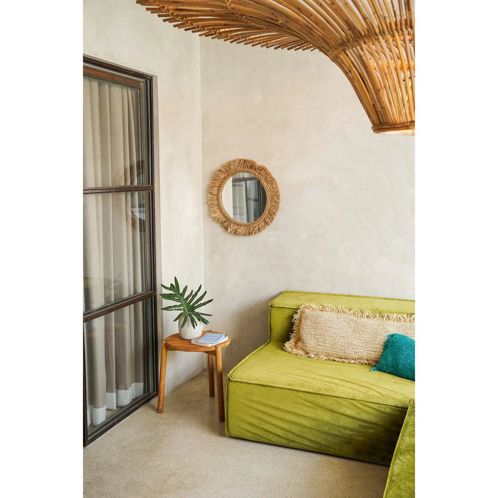 Natural raffia round wall mirror with fringed frame