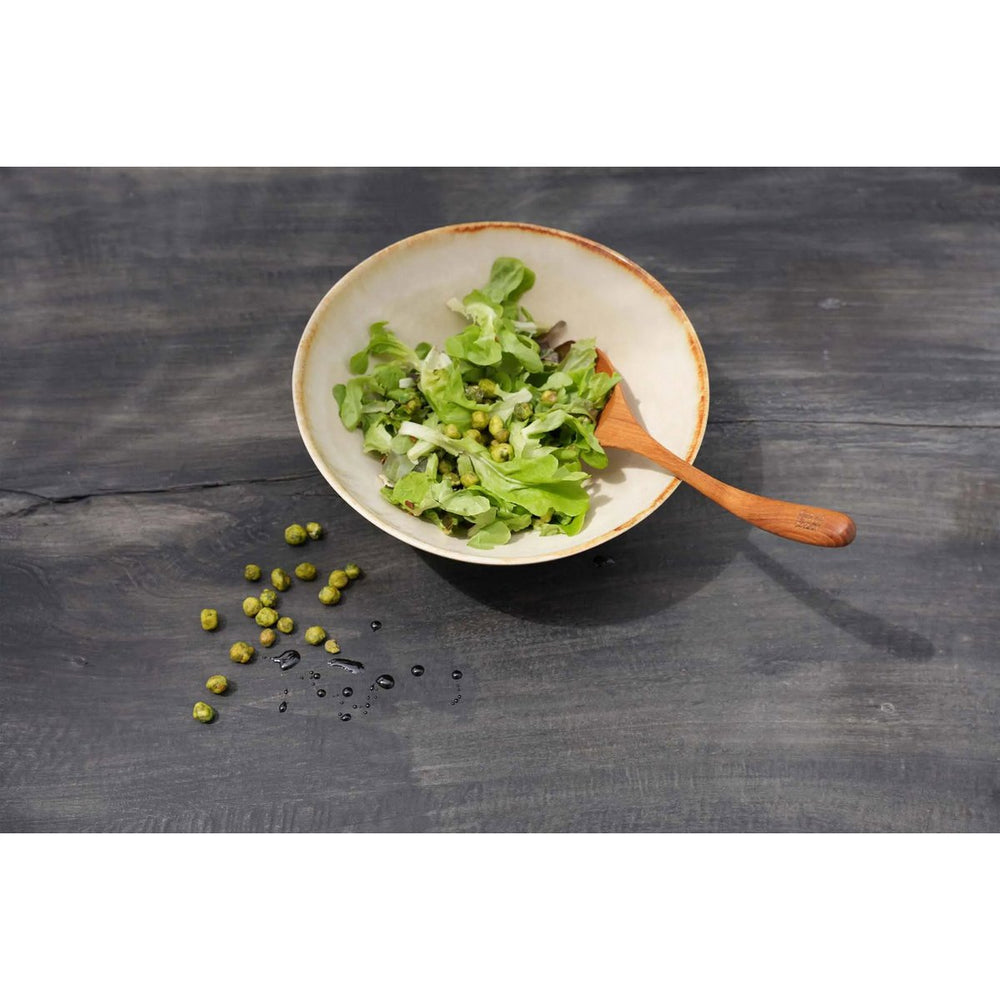 Brown teak wood serving spoon with curved handle