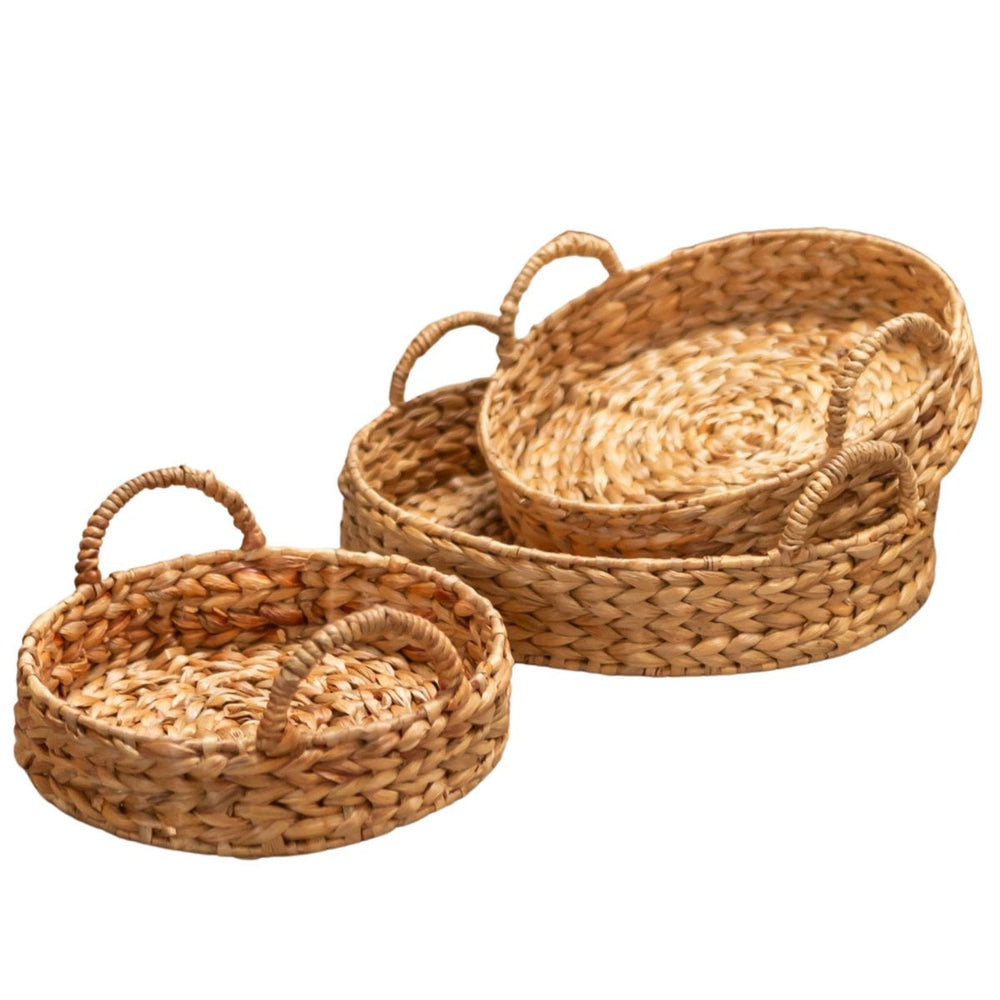Beige woven water hyacinth tray with metal frame
