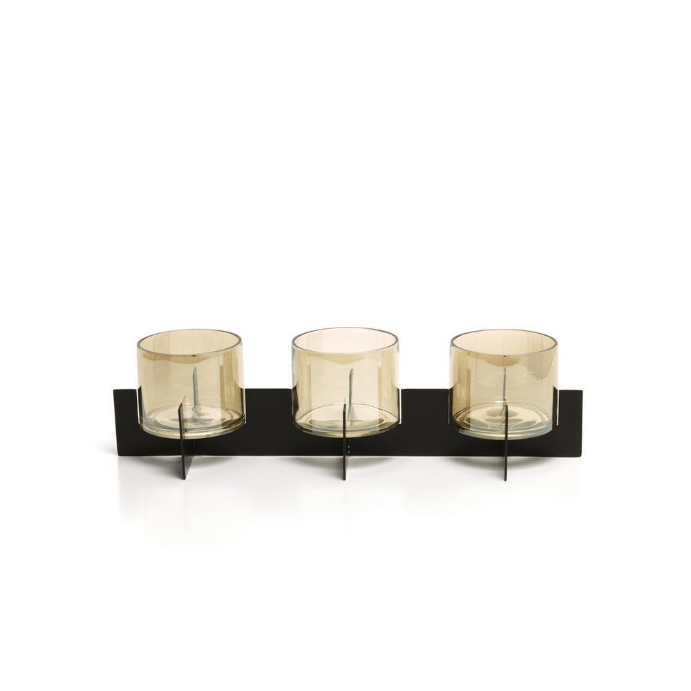 Black brass and glass triple candle holder