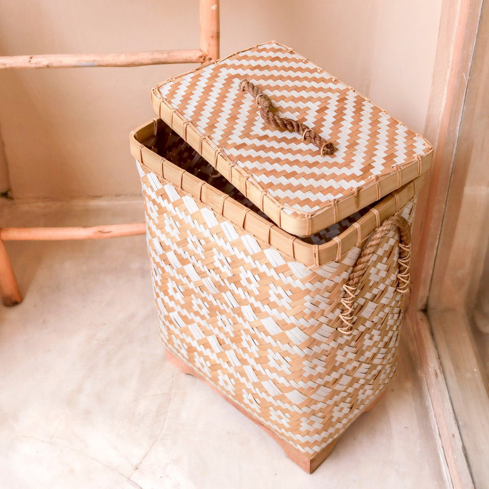 Beige white handwoven bamboo laundry basket with lid
