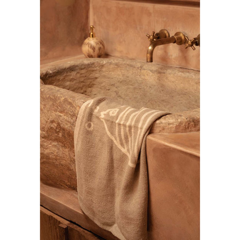 Natural white linen kitchen towel with fish motif