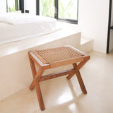 Beige wooden stool with woven recycled paper seat