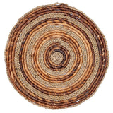 Round woven mat with brown and beige colors on a white background