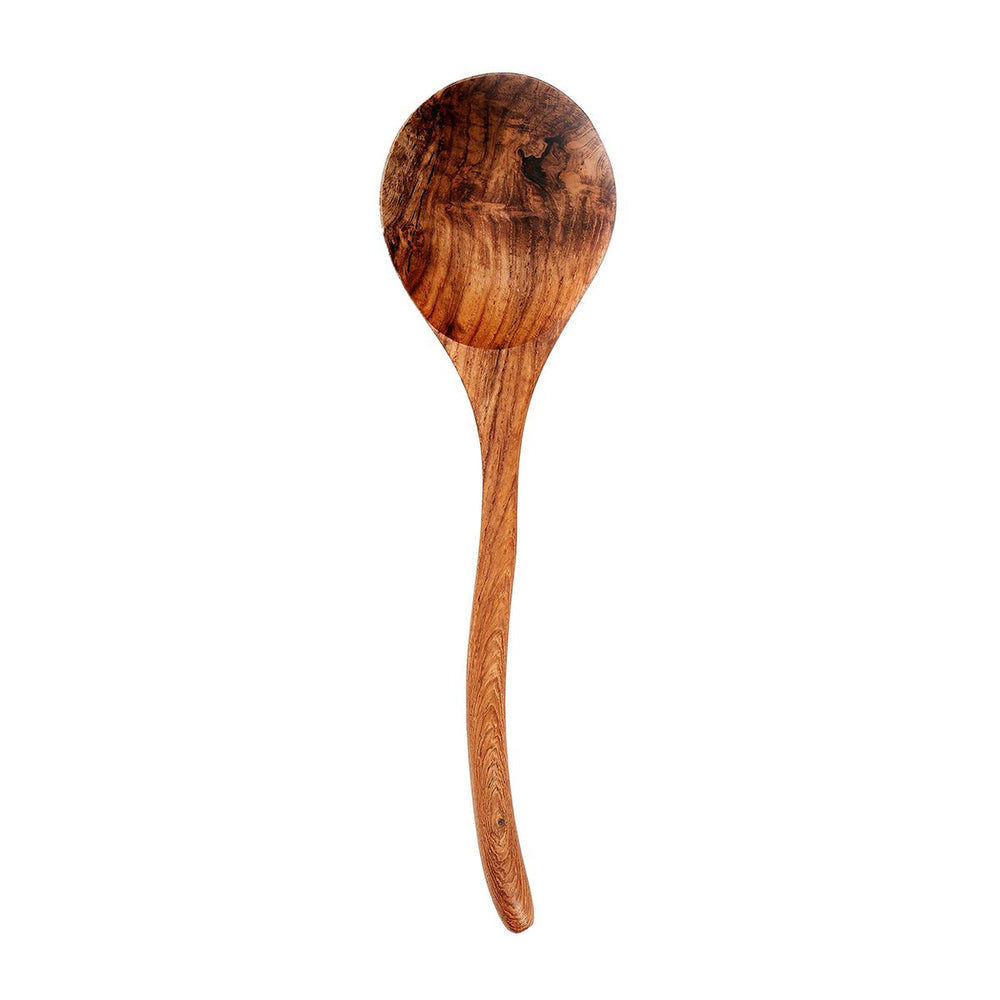 Brown teak wood serving spoon with curved handle