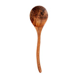 Brown teak wood serving spoon with curved handle