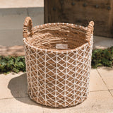 Brown banana fibre basket with white cotton woven pattern