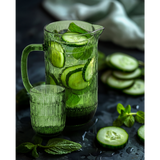 A green ribbed glass pitcher and matching tumbler filled with cucumber slices and mint leaves, set on a dark surface with cucumber slices and mint leaves around it.