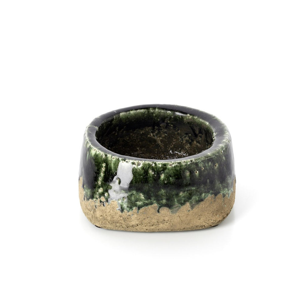 Green stoneware bowl planter with concrete-look finish
