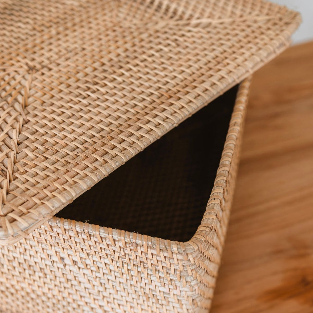 Close-up of a woven basket with a textured lid.