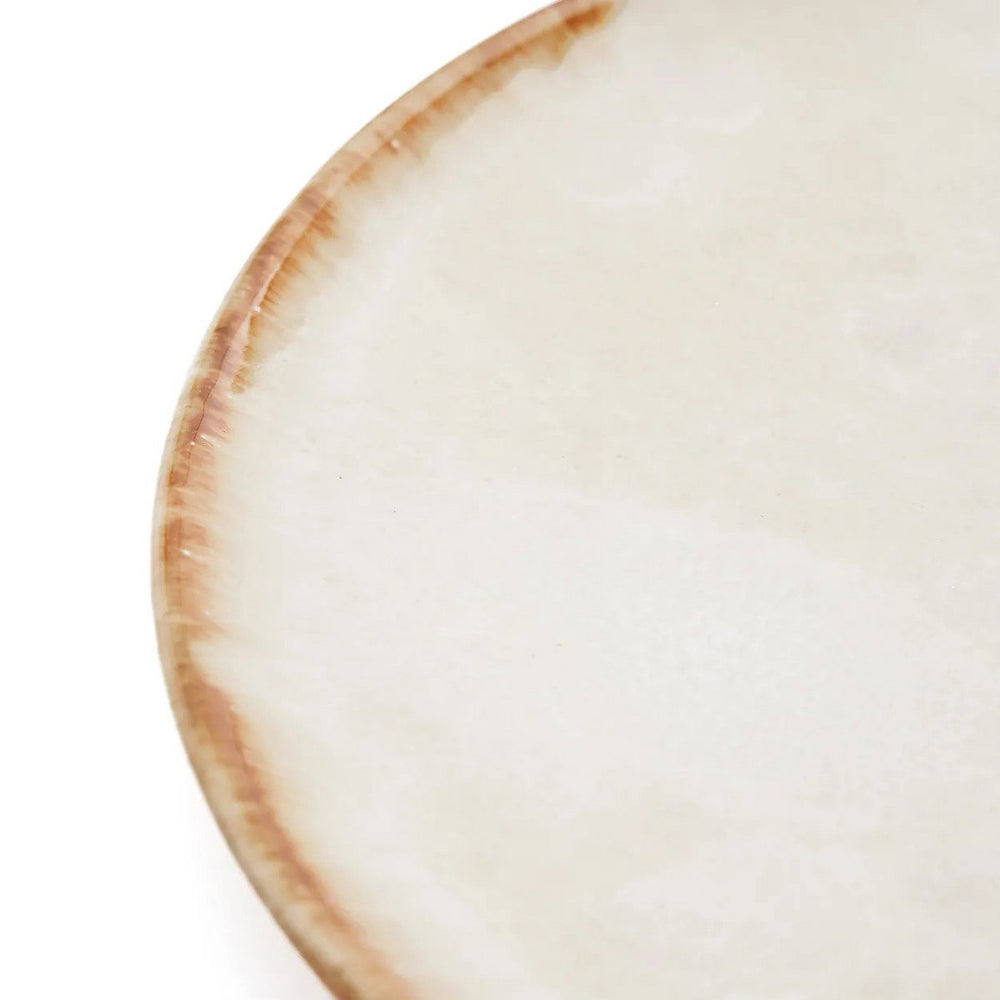 White stoneware dinner plate with burnt-umber rim