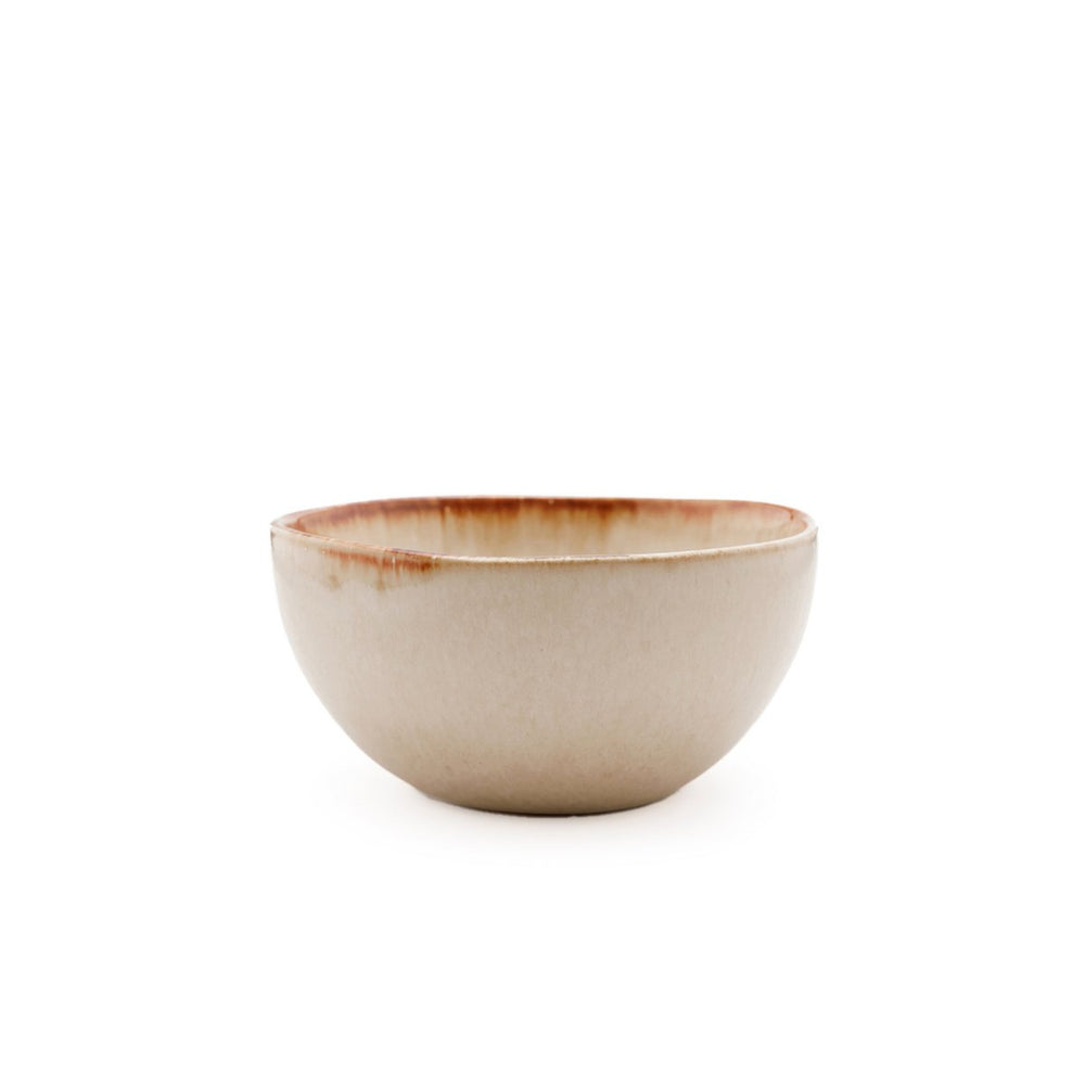 White stoneware sauce bowl with amber rim