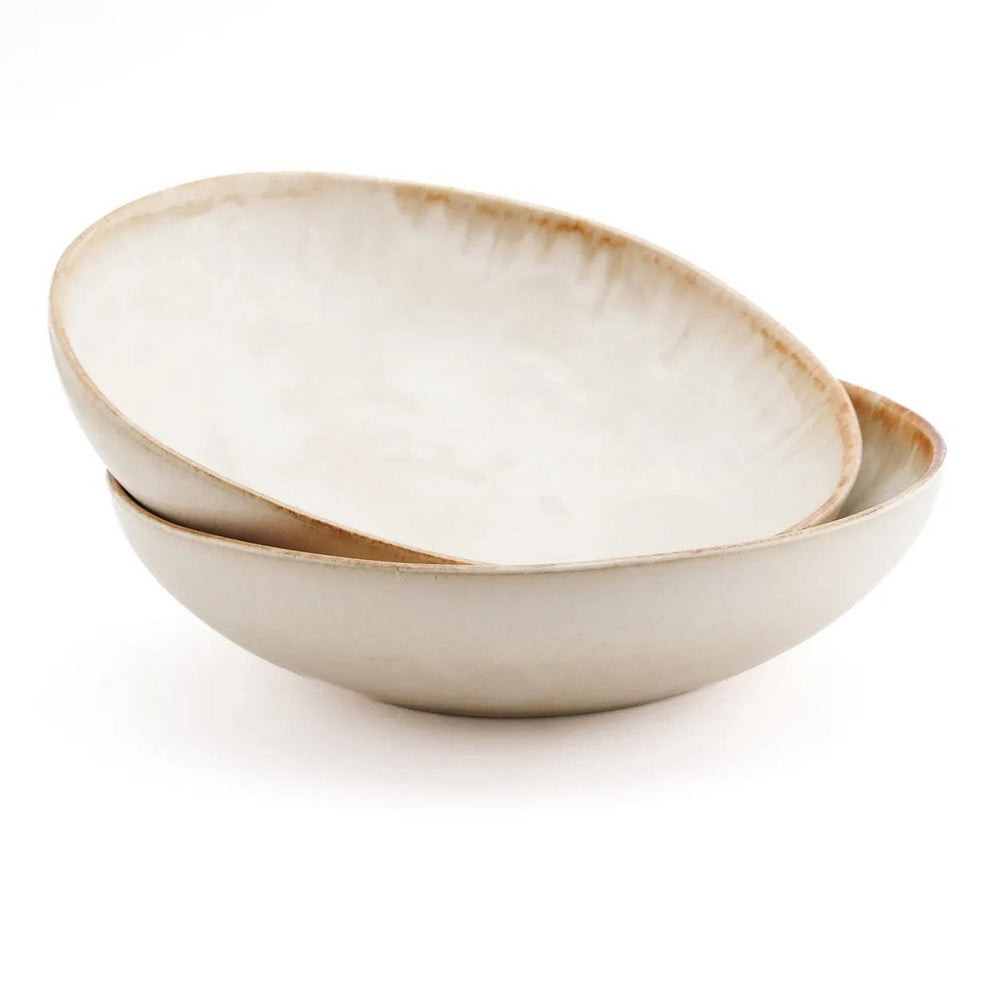 White stoneware pasta plate with burnt-umber rim