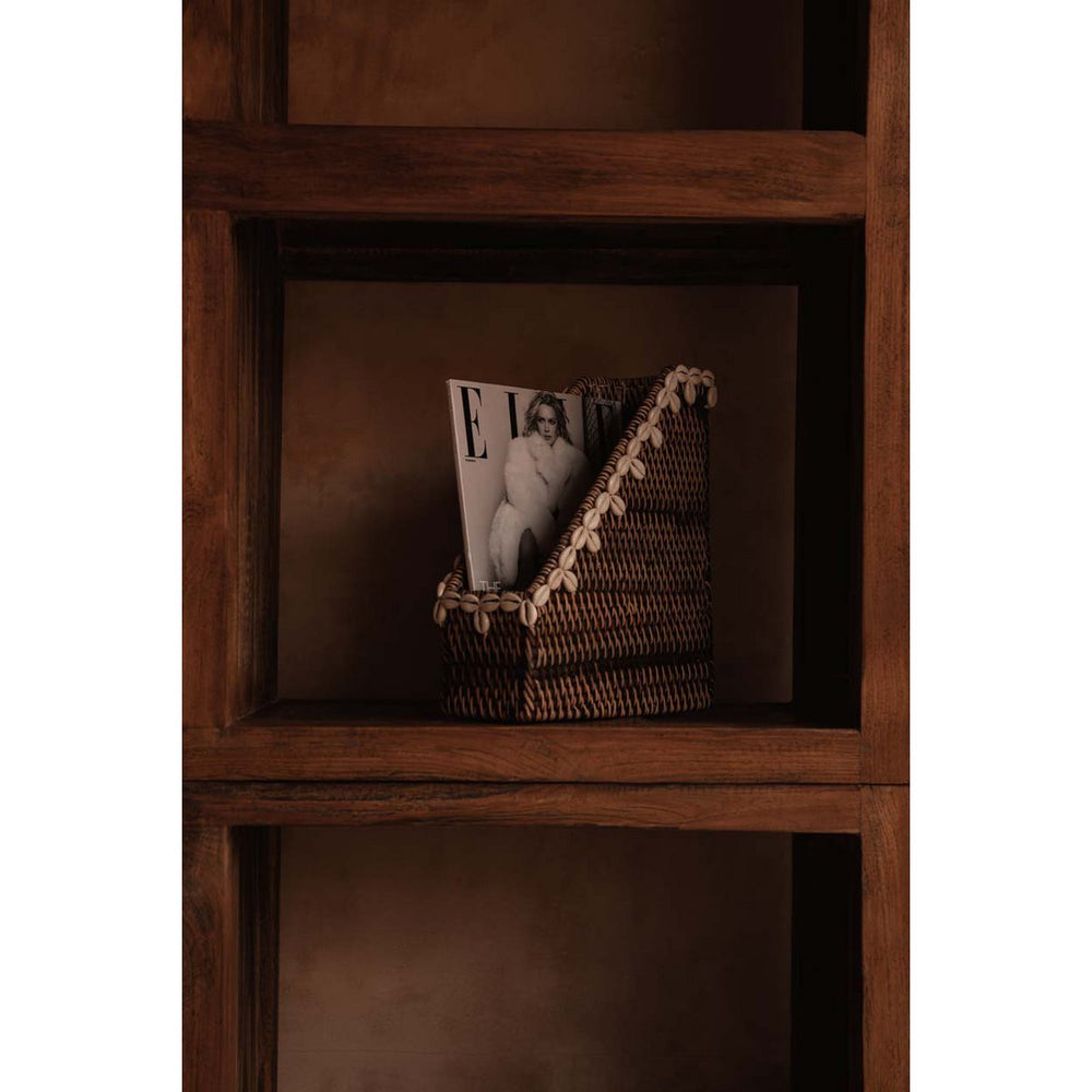 Natural brown rattan organizer with shell edge accents