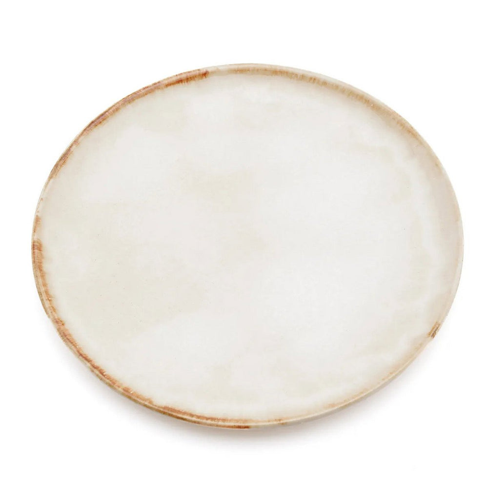 White stoneware dinner plate with burnt-umber rim