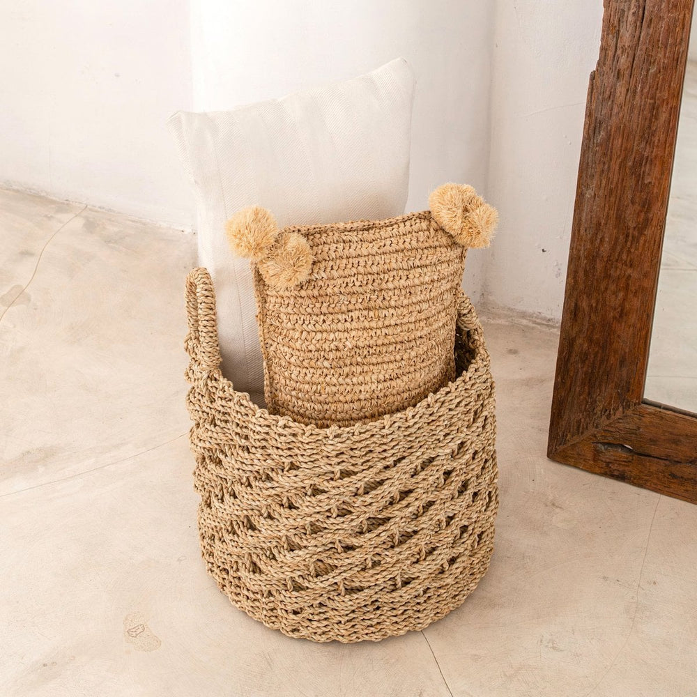 Beige woven seagrass storage basket